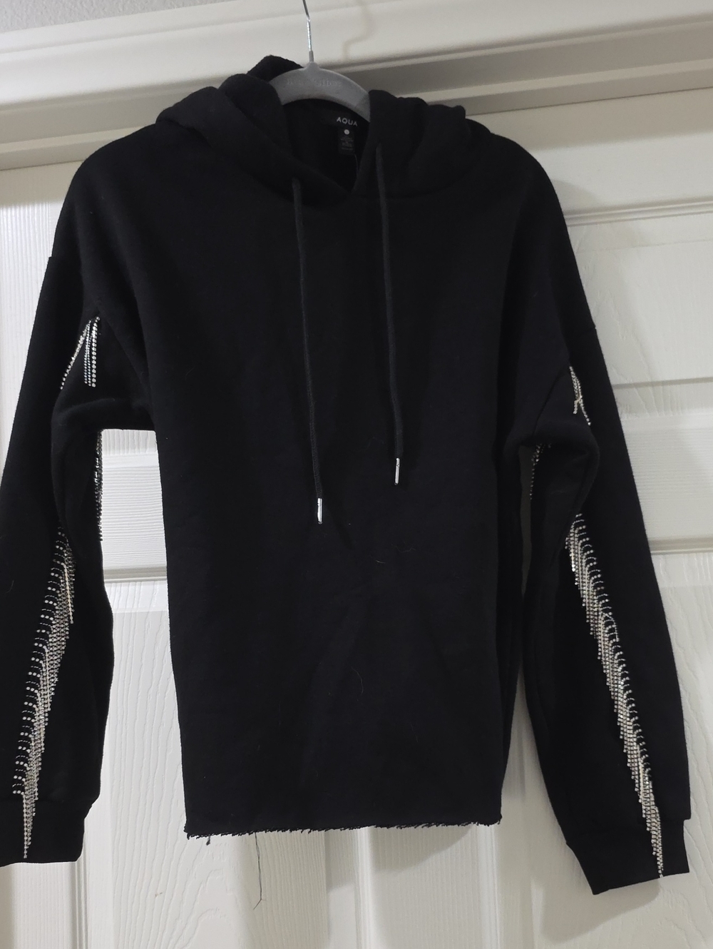 Aqua Black Hoodie with Silver Rhinestone Sleeve Trim - Small